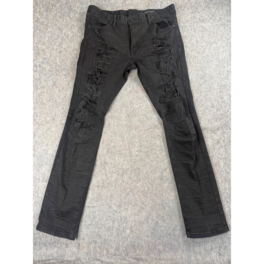 Smoke Rise Distressed Jeans Men 38x34 Black Denim Slim Rip Repair Streetwear DIY